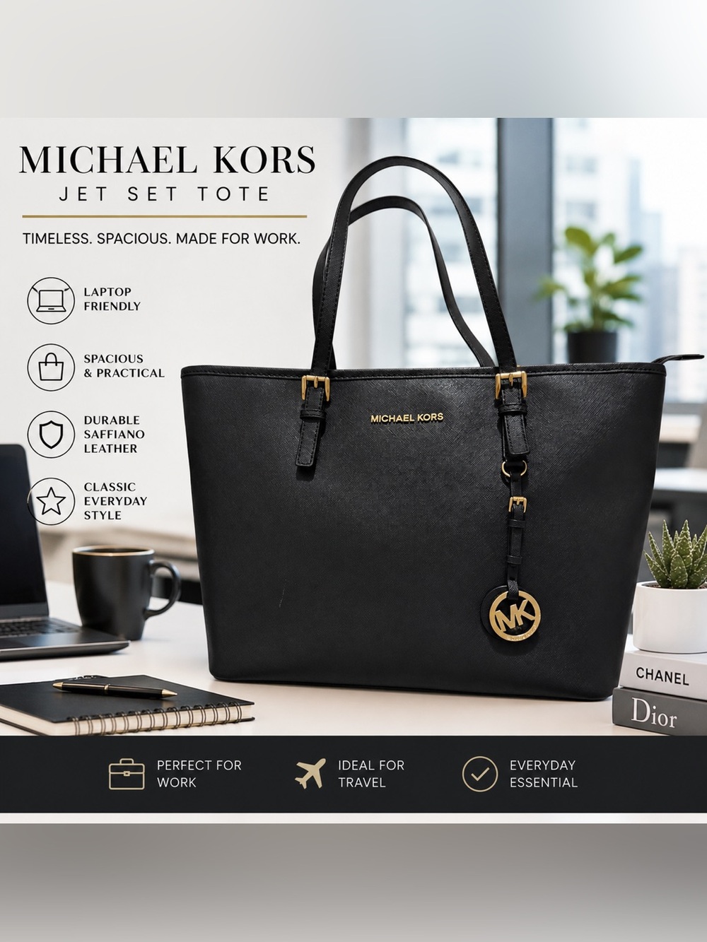 Michael Kors Jet Set Black Saffiano Leather Tote Bag Gold Hardware Large